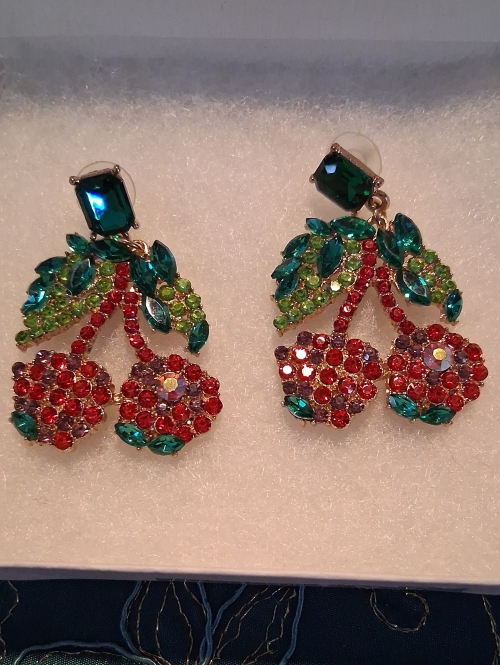 Crystal Cherry Drop Earrings - Red & Green Rhinestones